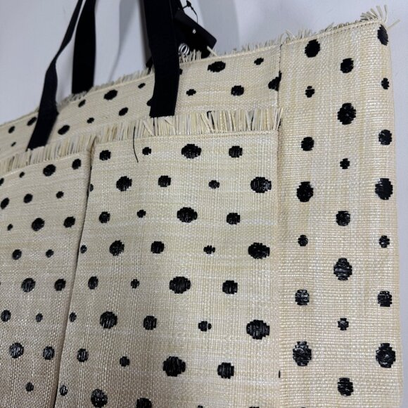 Boho Stylish Polka Dot Tote Bag Cream Black Raffia Straw Summer Beach Bag - Picture 3 of 16